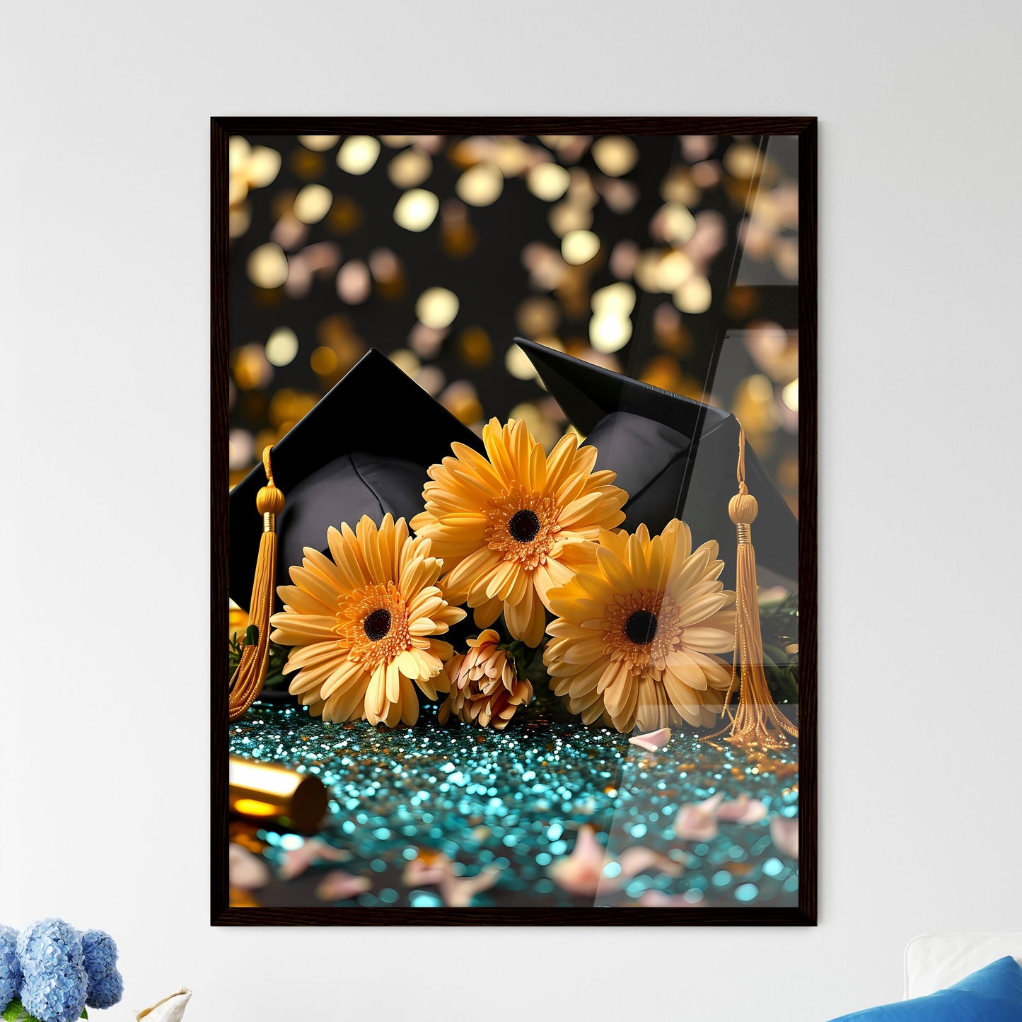 A Poster of silver graduation banner with gr - Framed Art Print
