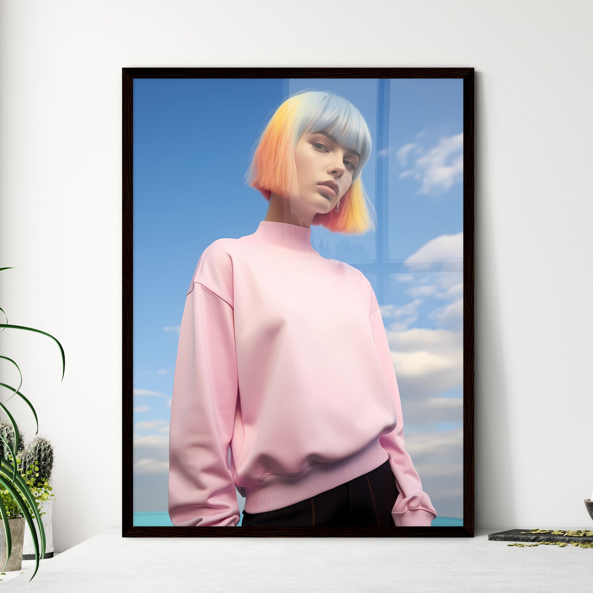 A Poster of girl standing on a pastel backgr - Framed Art Print