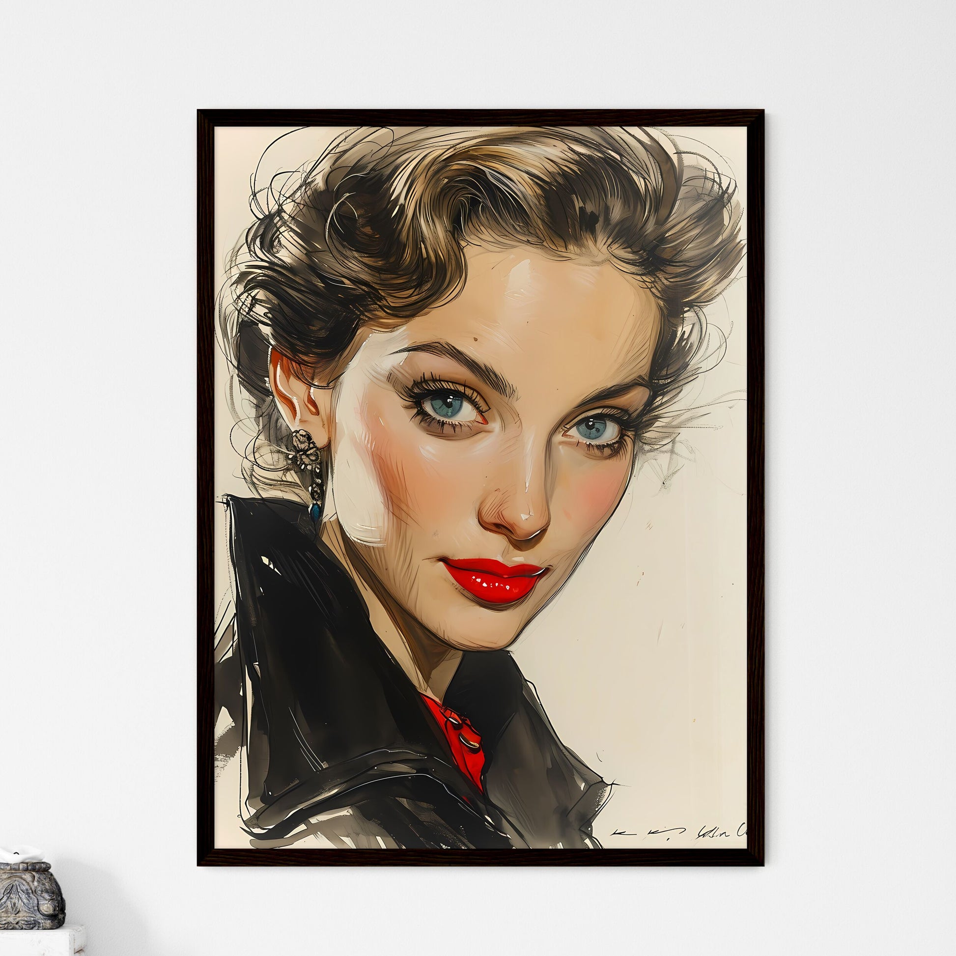 A Poster of drawing - A Woman With Blue Eyes And Red Lipstick Default Title