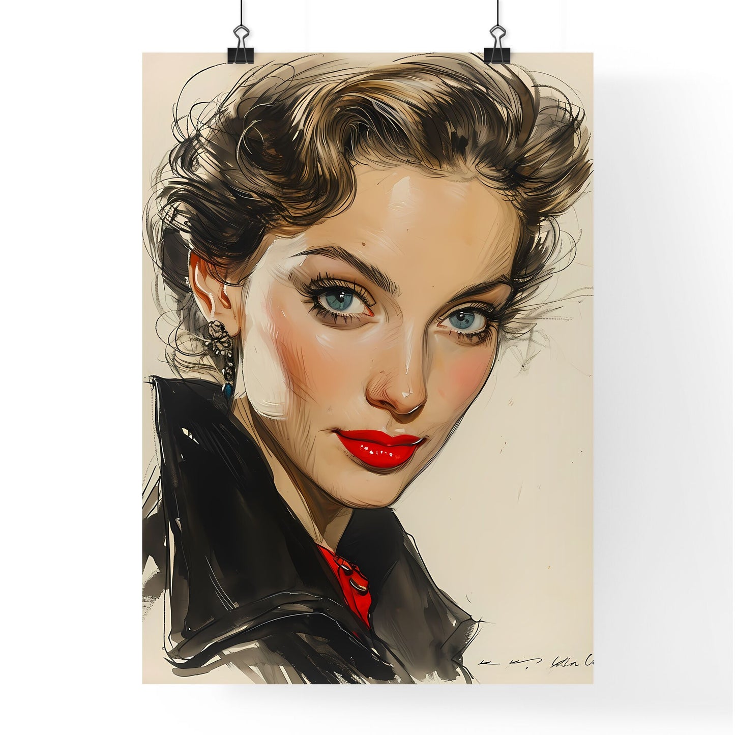 A Poster of drawing - A Woman With Blue Eyes And Red Lipstick Default Title