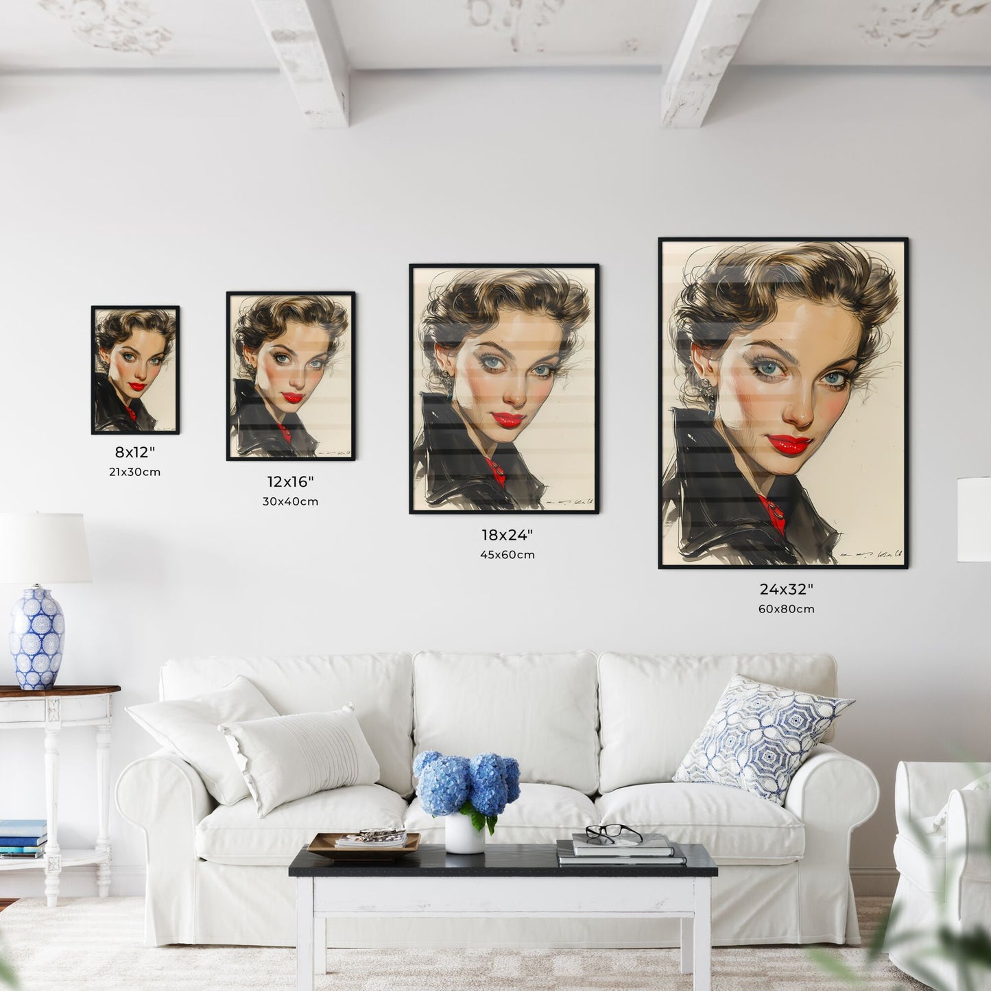 A Poster of drawing - A Woman With Blue Eyes And Red Lipstick Default Title