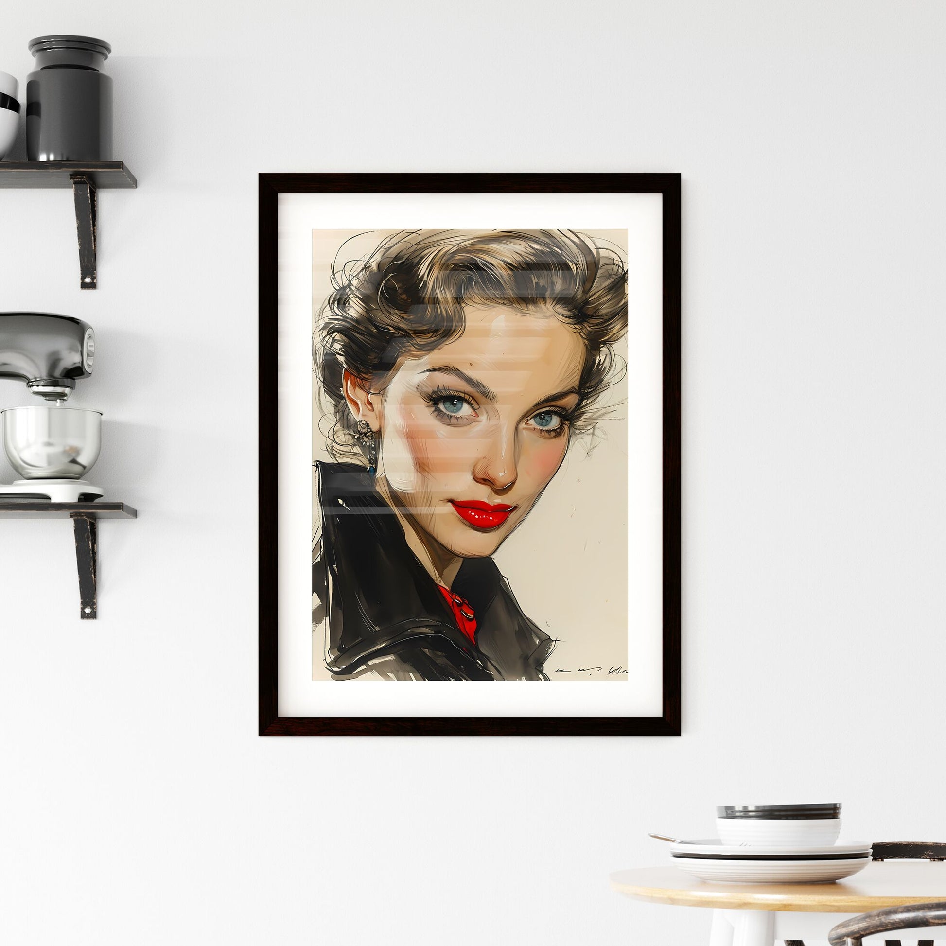 A Poster of drawing - A Woman With Blue Eyes And Red Lipstick Default Title