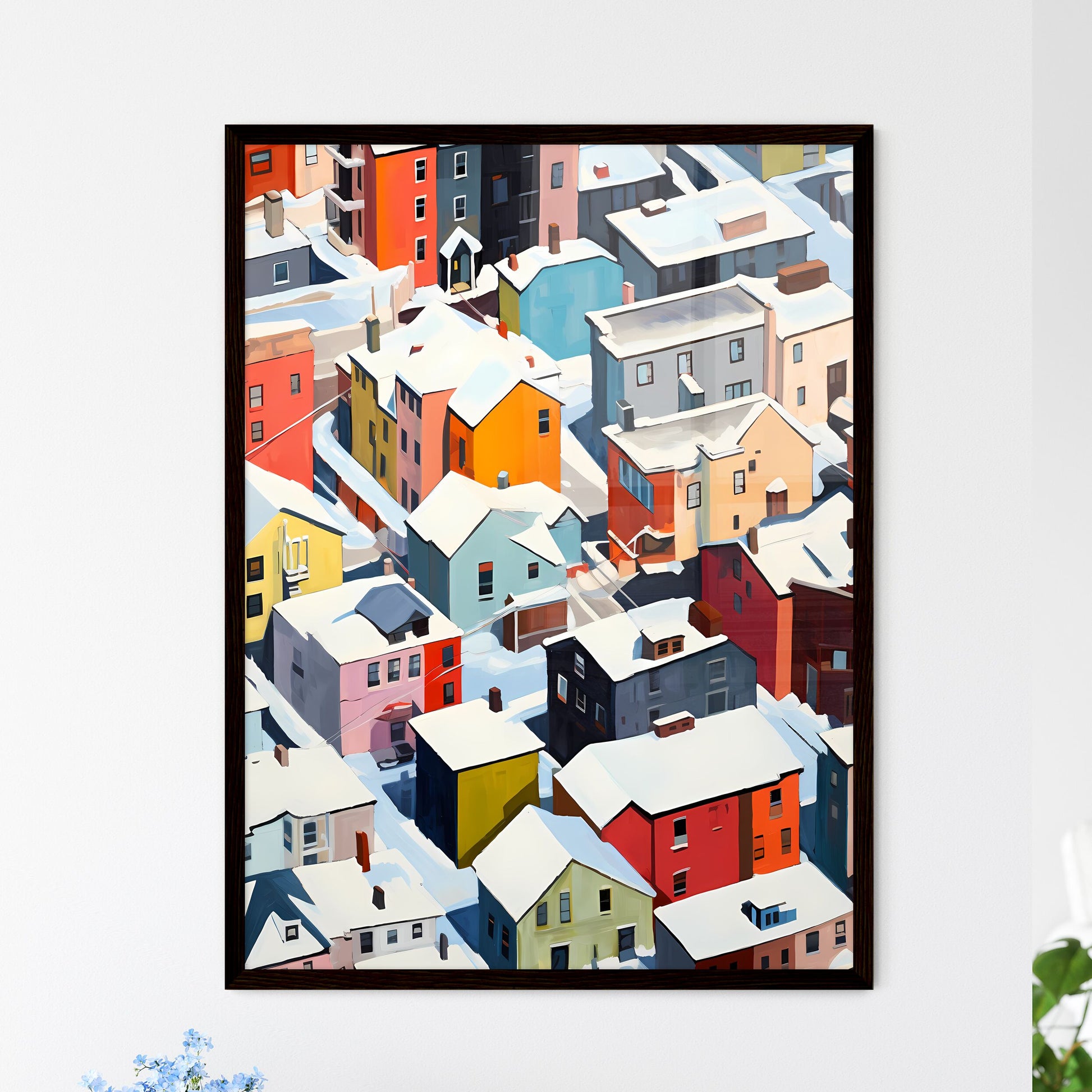 A Poster of snowy urban roofs seen from above - A Group Of Colorful Buildings Covered In Snow Framed Art