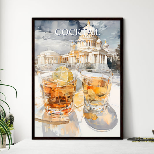 A Poster of white russian cocktail - Two Glasses Of Liquid With Lemon Slices And A Building In The Background Default Title