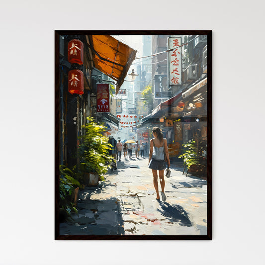 A Poster of oil painting tokyo - A Woman Walking Down A Street Framed Art