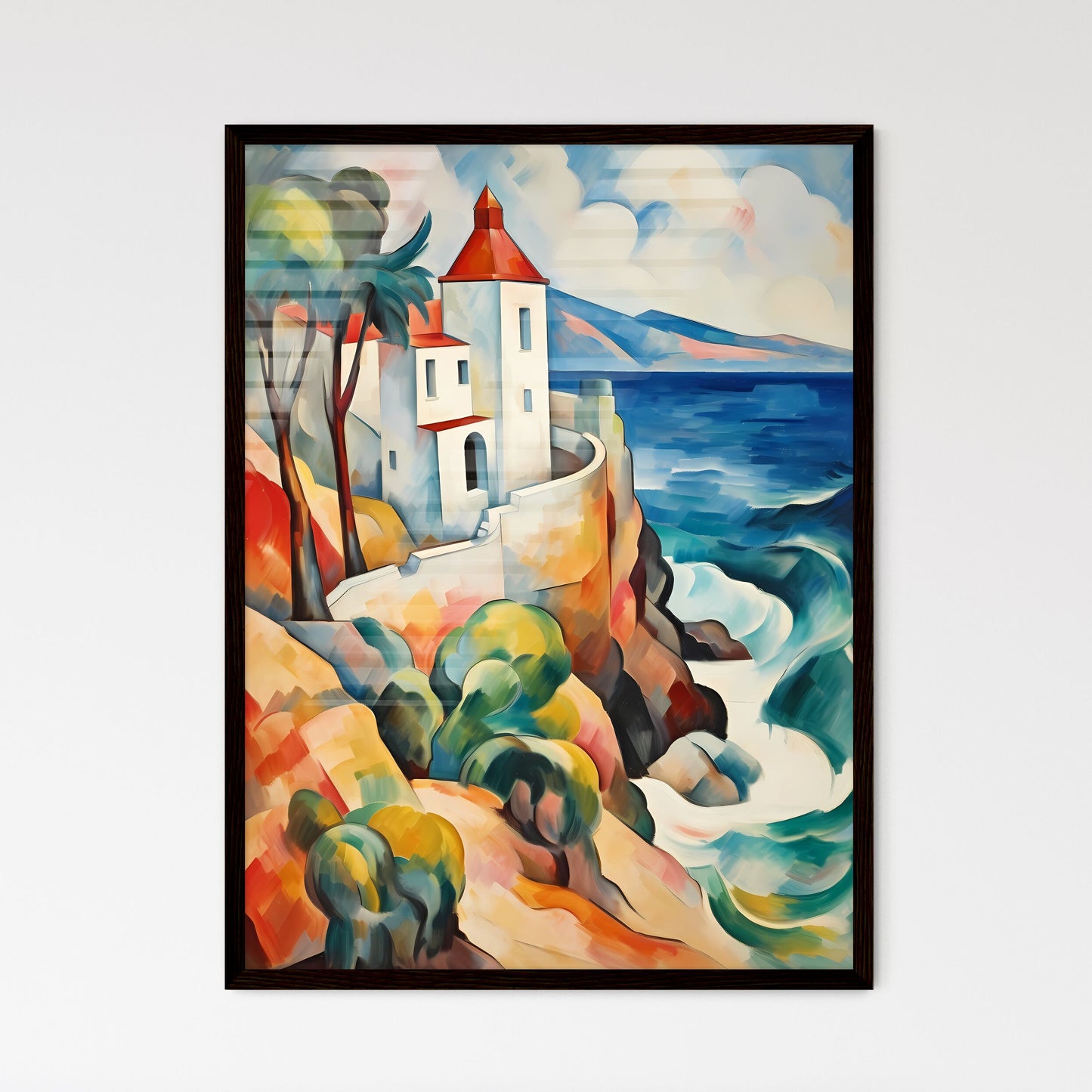 A Poster of if Franz Marc was a photographer - A Painting Of A House On A Cliff By The Ocean Framed Art