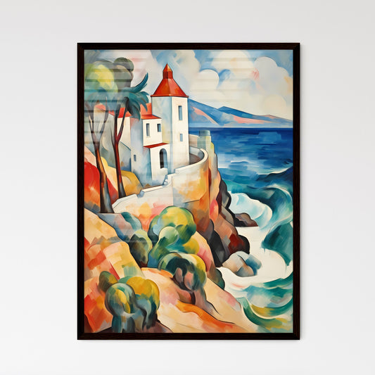 A Poster of if Franz Marc was a photographer - A Painting Of A House On A Cliff By The Ocean Framed Art