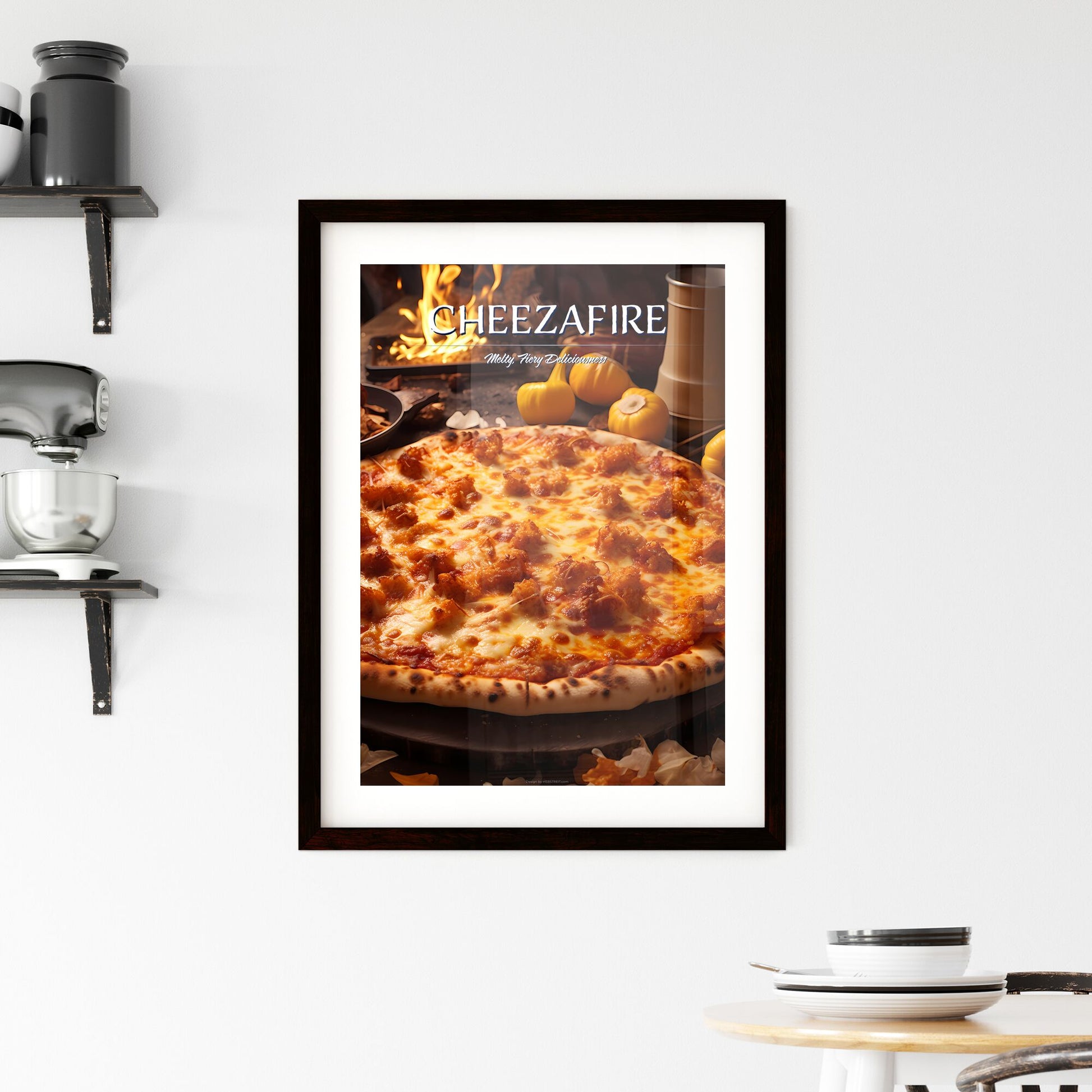 A Poster of hot cheesy pizza - A Pizza With A Fire And Vegetables Default Title