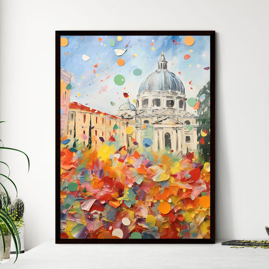 A Poster of colorful confetti - A Painting Of A Building With A Dome And Colorful Confetti Framed Art