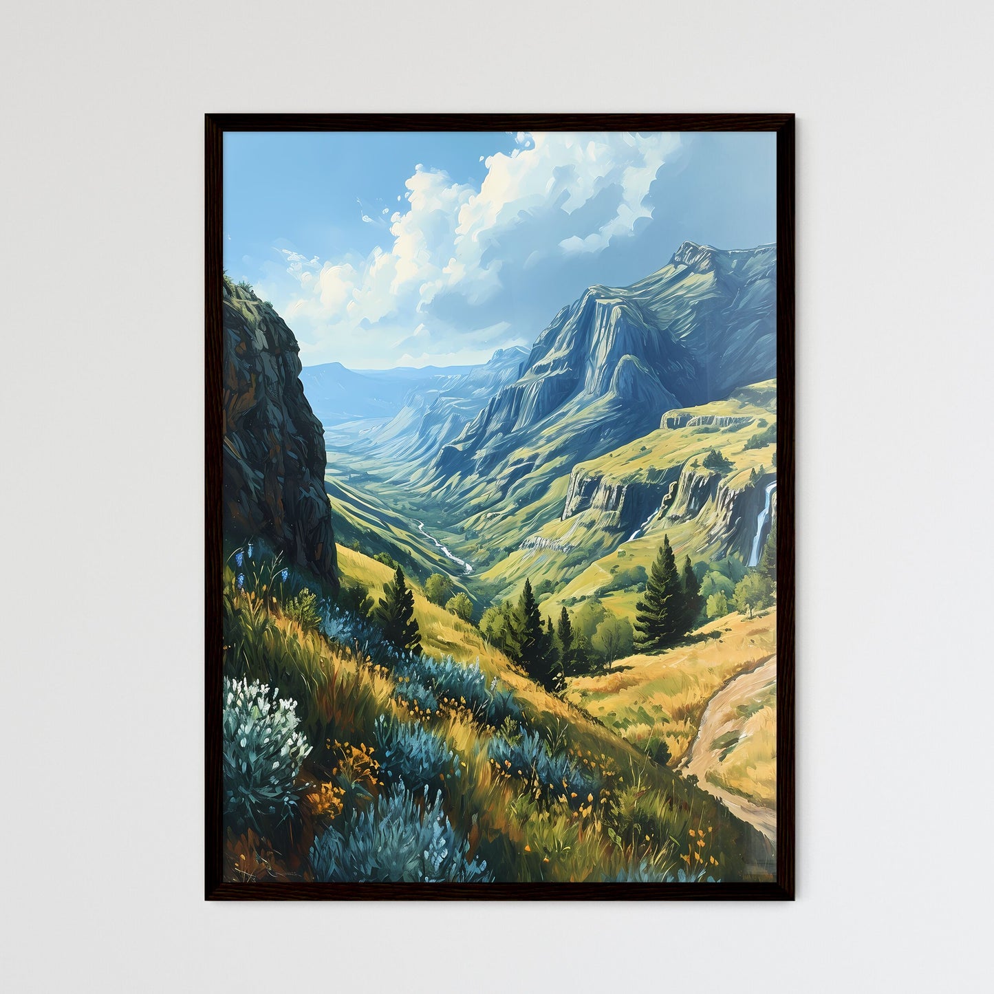 A Poster of Waterfalls landscape - A Landscape Of A Valley With Mountains And Trees Default Title