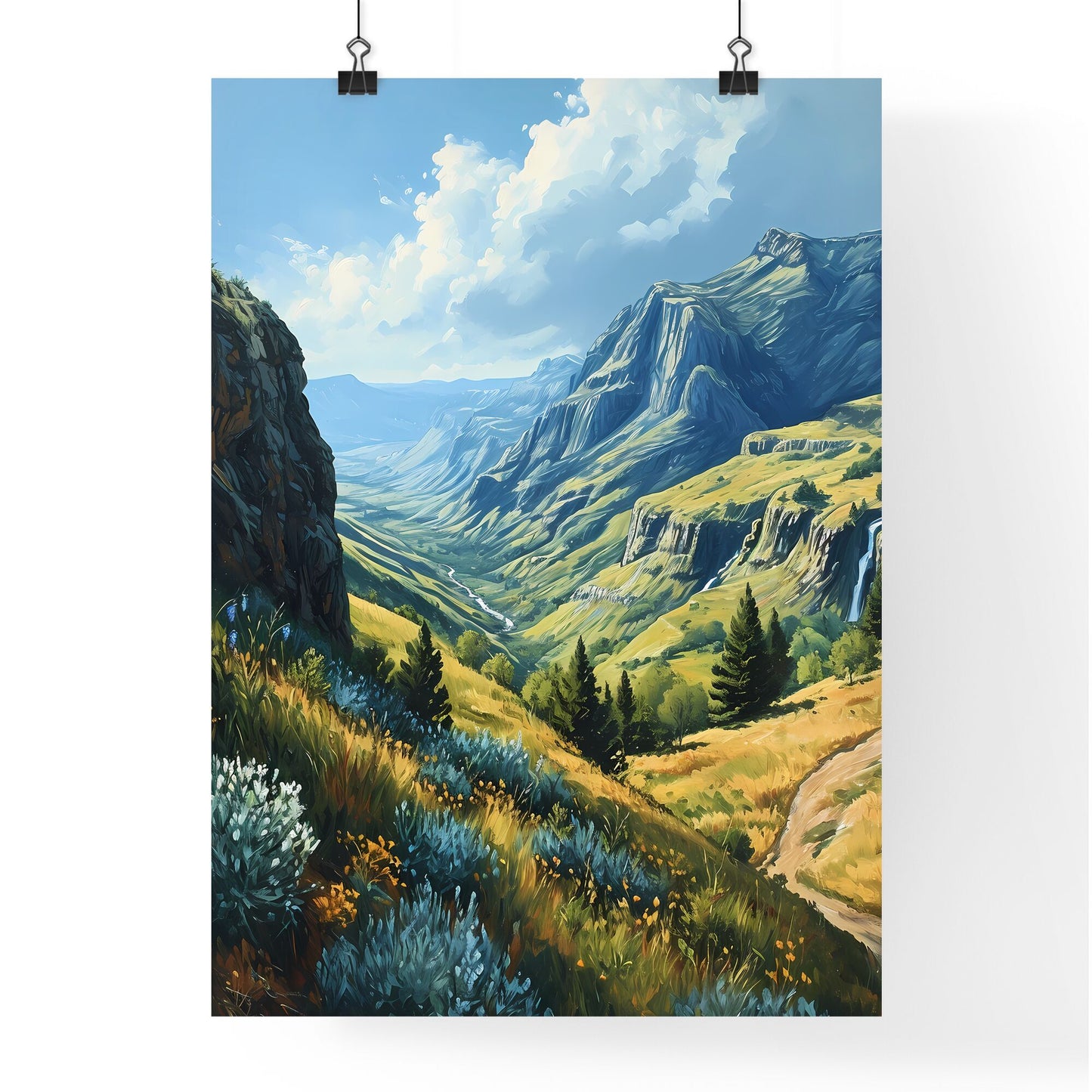 A Poster of Waterfalls landscape - A Landscape Of A Valley With Mountains And Trees Default Title