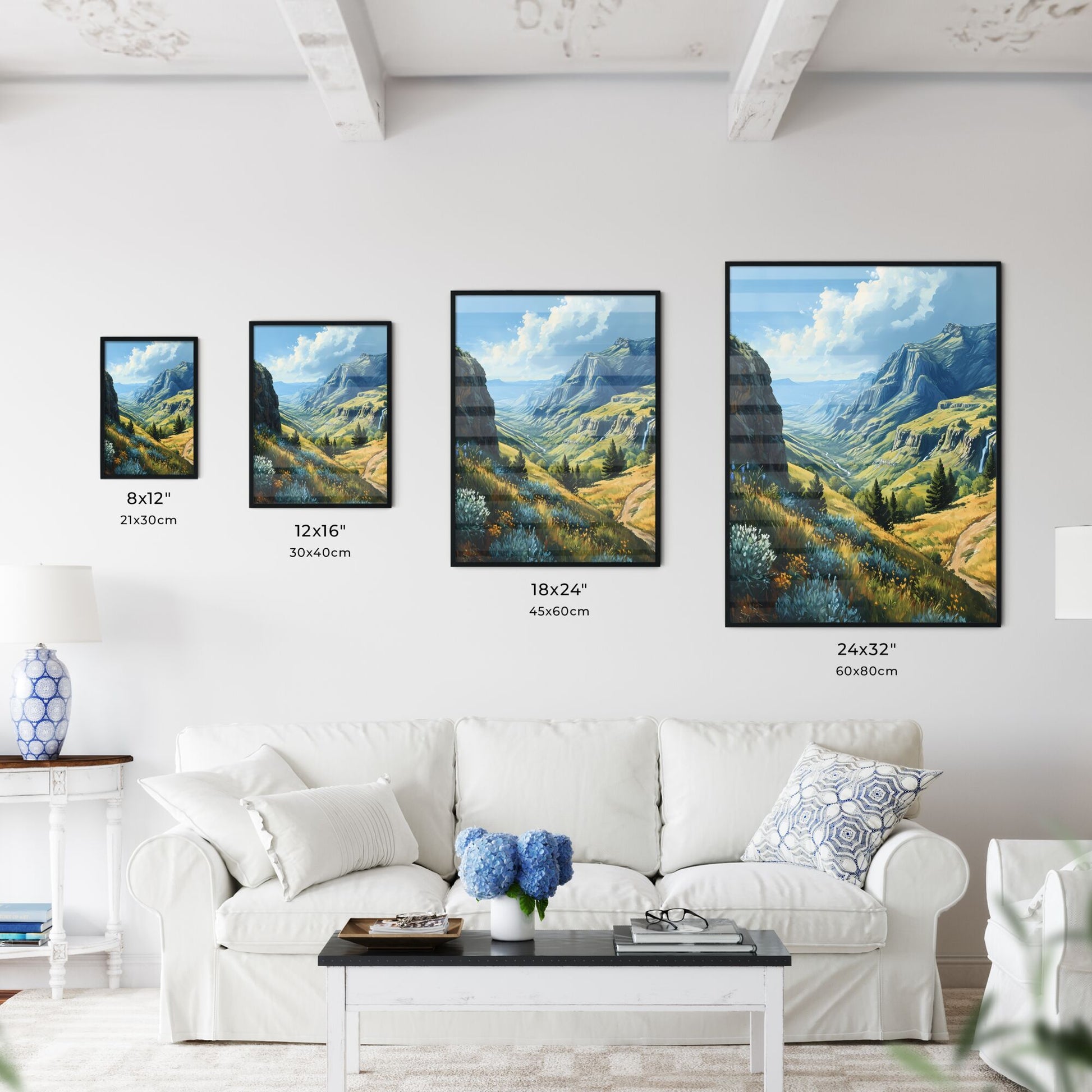 A Poster of Waterfalls landscape - A Landscape Of A Valley With Mountains And Trees Default Title