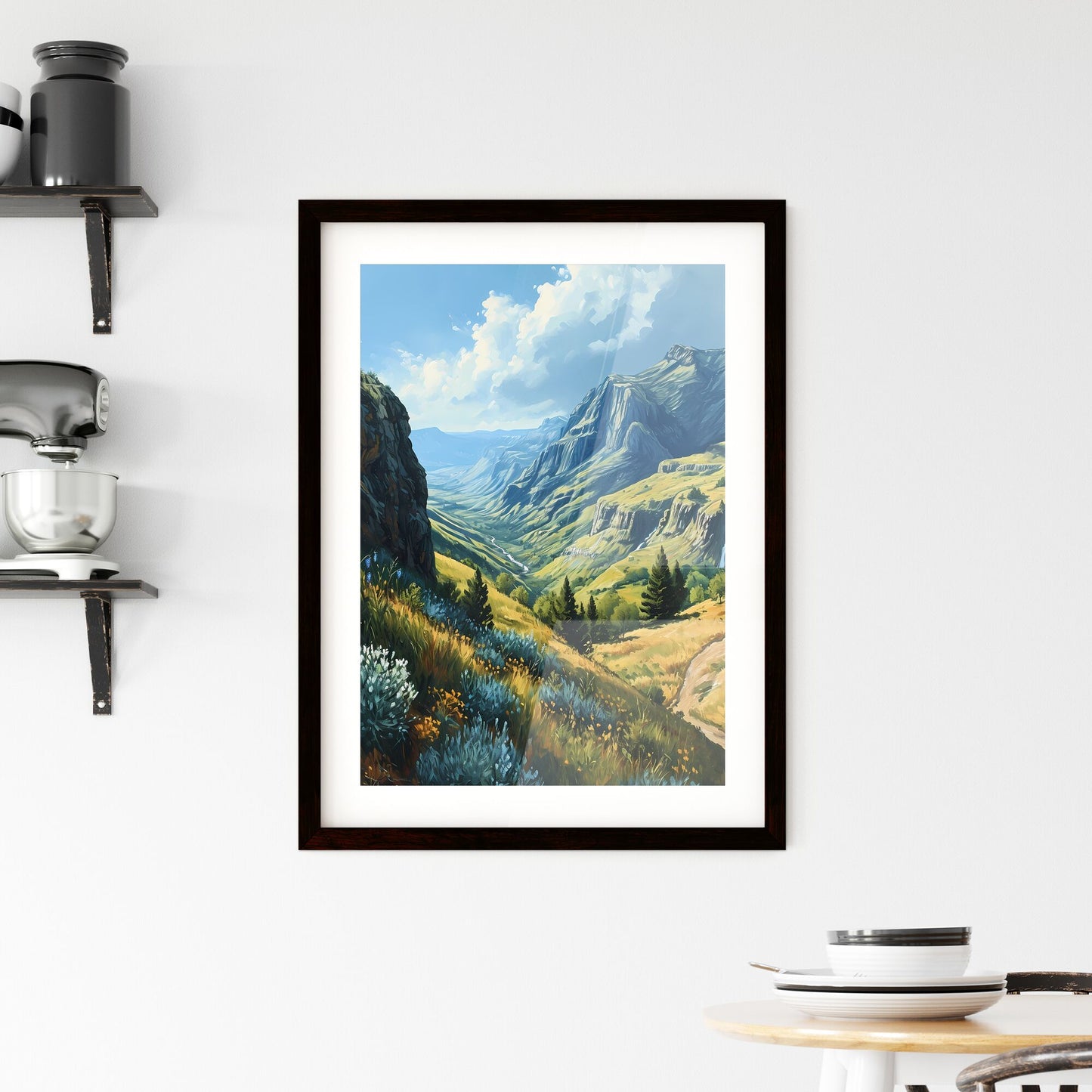 A Poster of Waterfalls landscape - A Landscape Of A Valley With Mountains And Trees Default Title