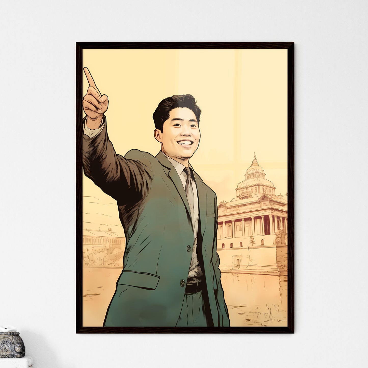 A Poster of handsome and happy and suprised asian man - A Man In A Suit Pointing Up Framed Art