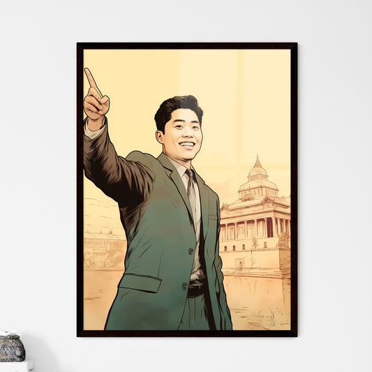 A Poster of handsome and happy and suprised asian man - A Man In A Suit Pointing Up Framed Art
