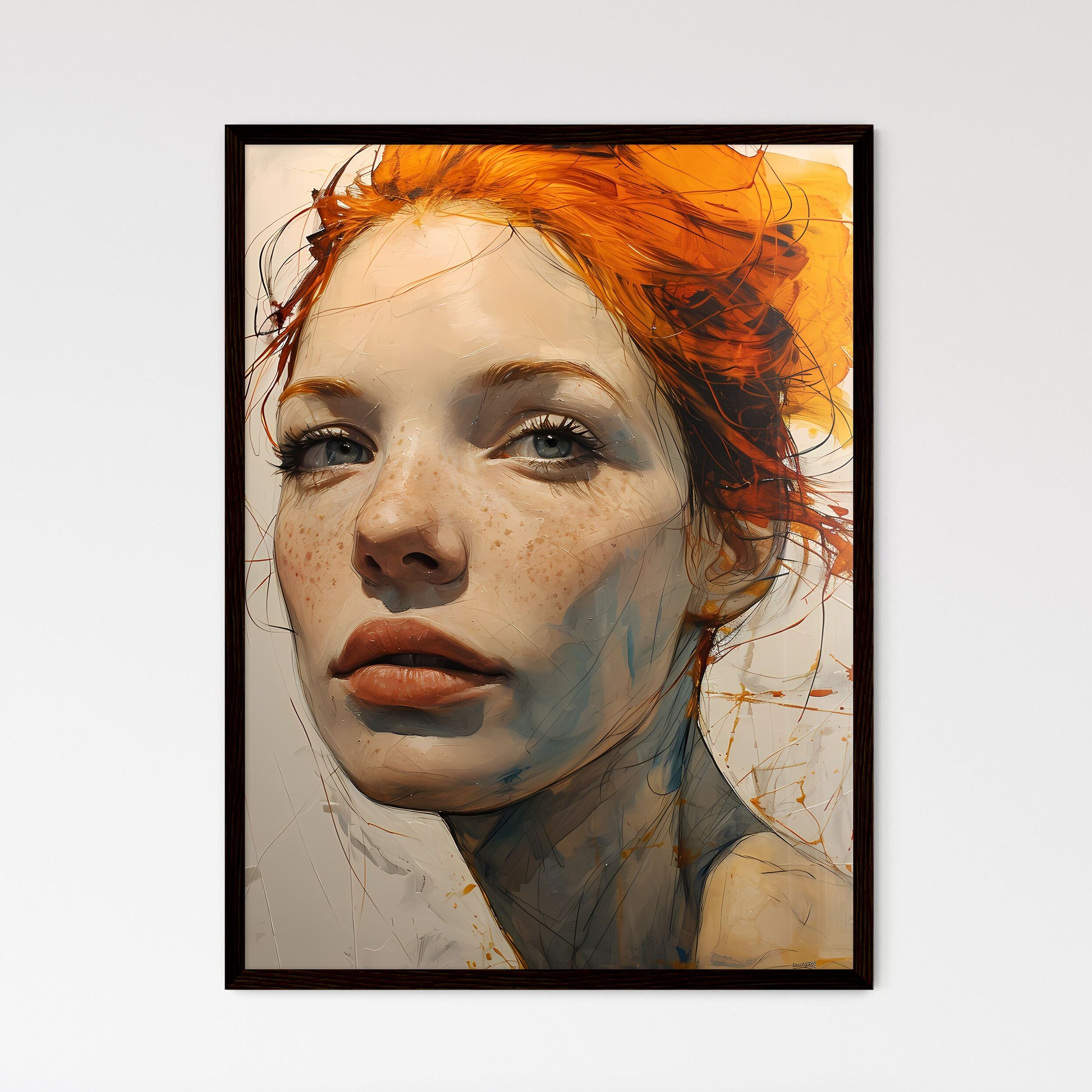 A Poster of a painting of a woman with orang - Framed Art Print