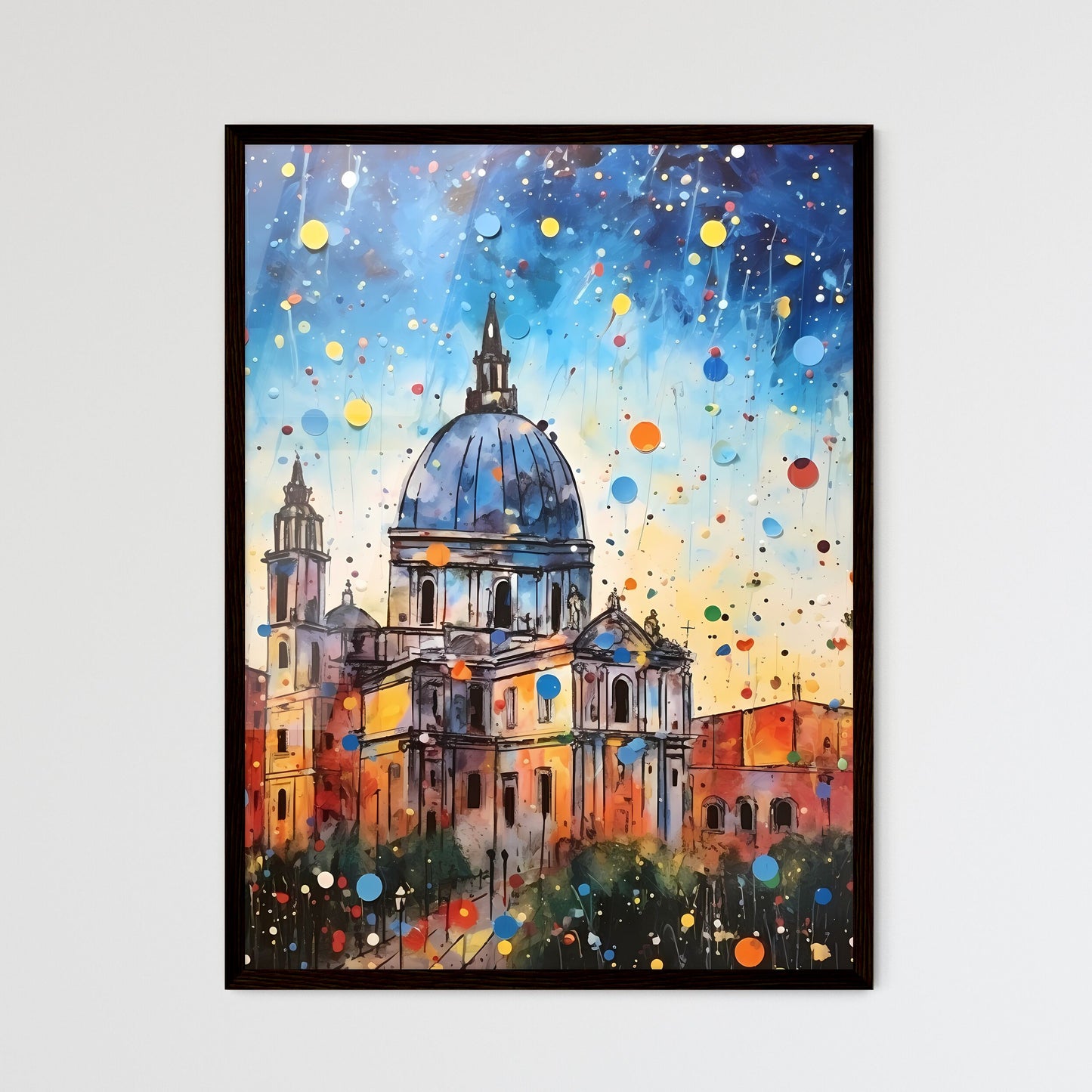 A Poster of colorful confetti - A Painting Of A Building With A Dome And Colorful Confetti Framed Art