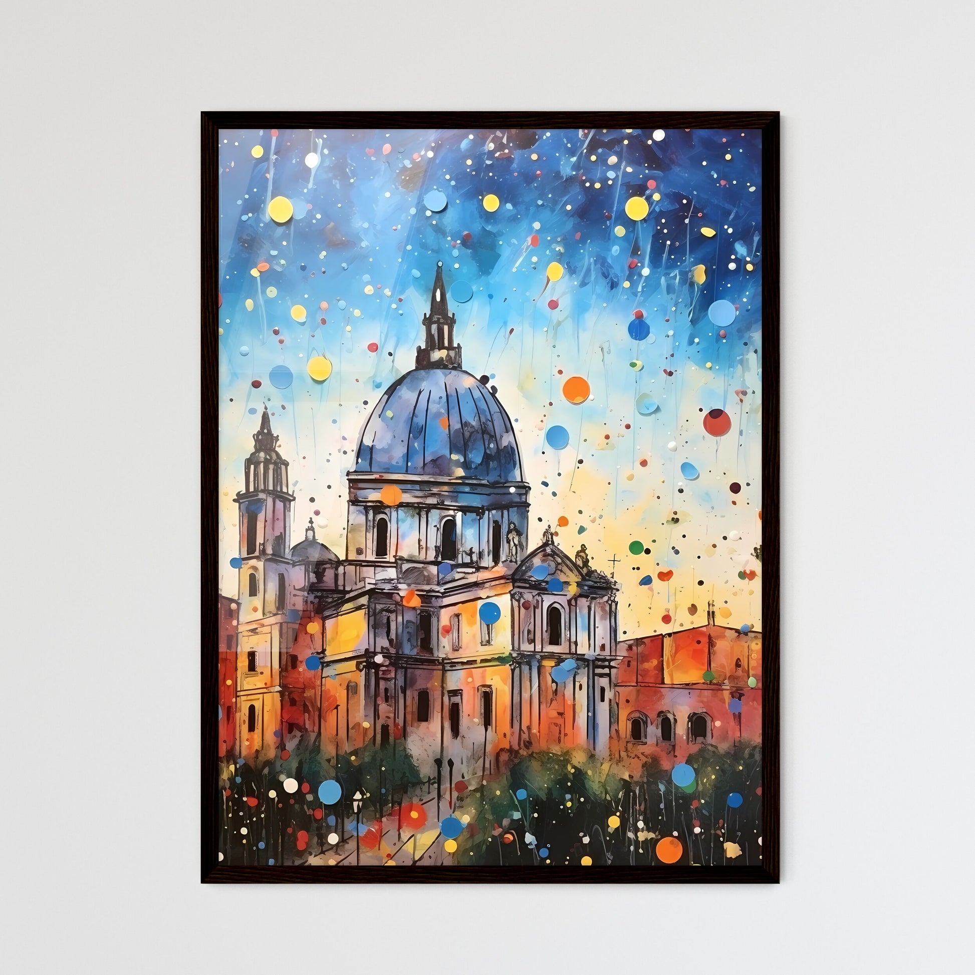A Poster of colorful confetti - A Painting Of A Building With A Dome And Colorful Confetti Framed Art