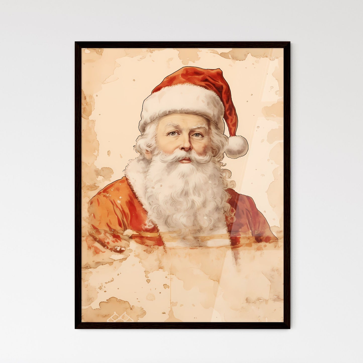 A Poster of santa claus on a beige insulated - Framed Art Print
