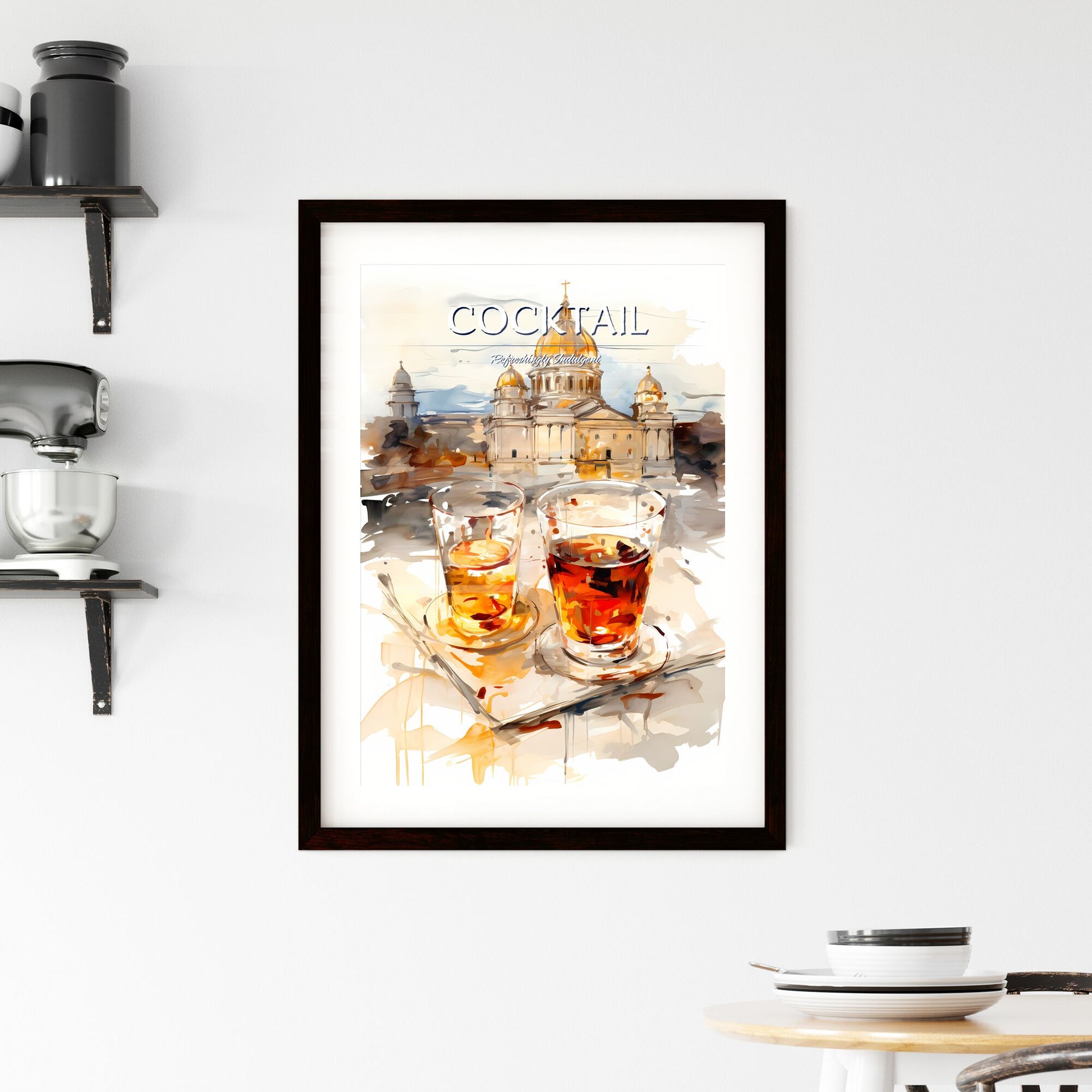 A Poster of white russian cocktail - A Watercolor Of Two Glasses Of Liquid On A Tray With A Building In The Background Default Title