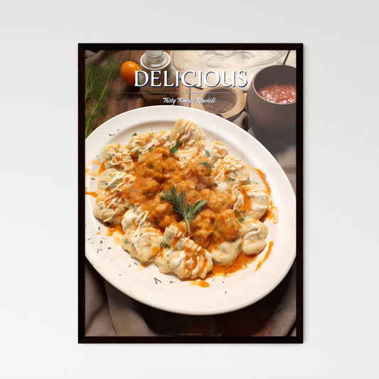 A Poster of Ravioli with tomato sauce - A Plate Of Food On A Table Default Title