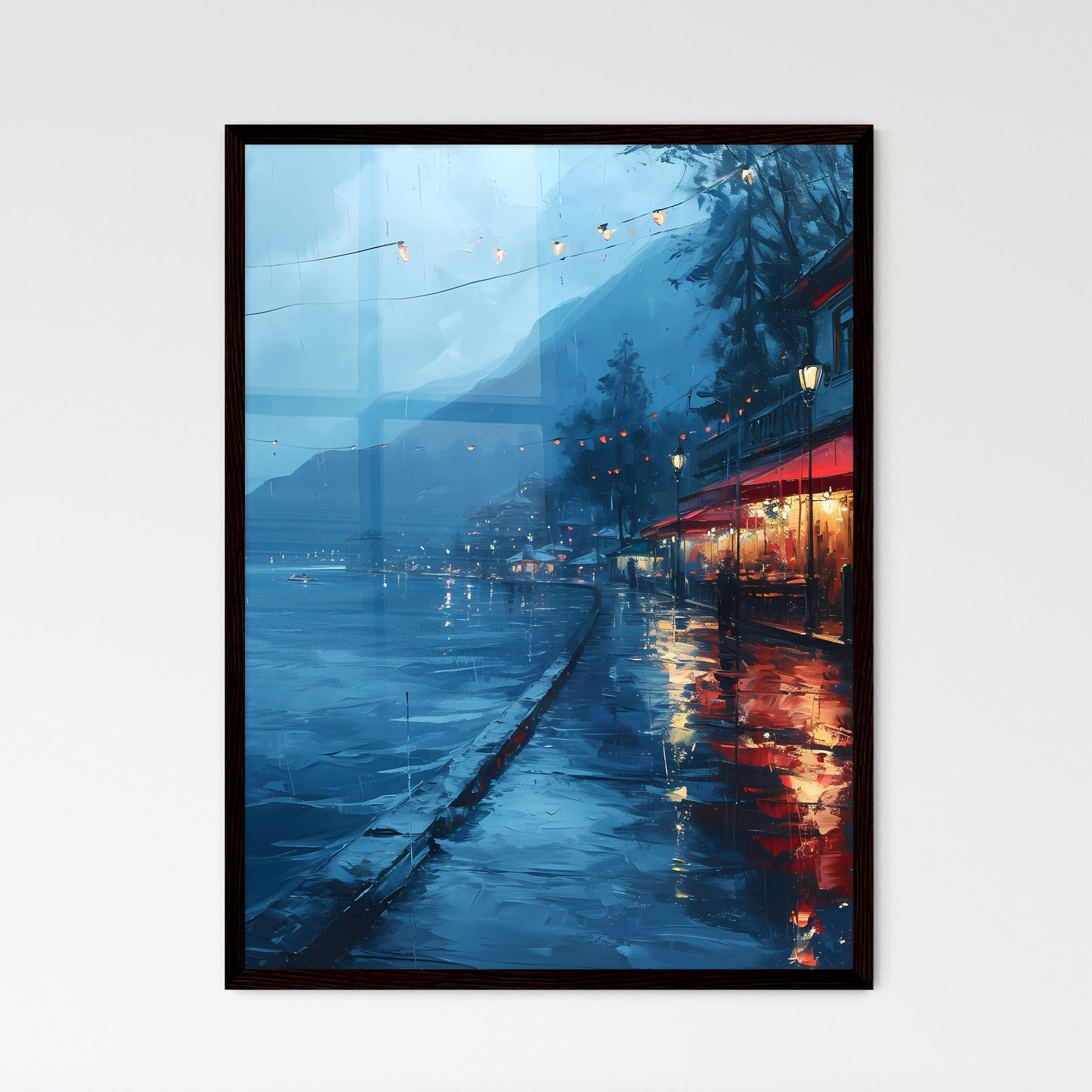 A Poster of Cafe warm lamp lakeside - A Street With Buildings And Lights On The Side Of A Lake Framed Art
