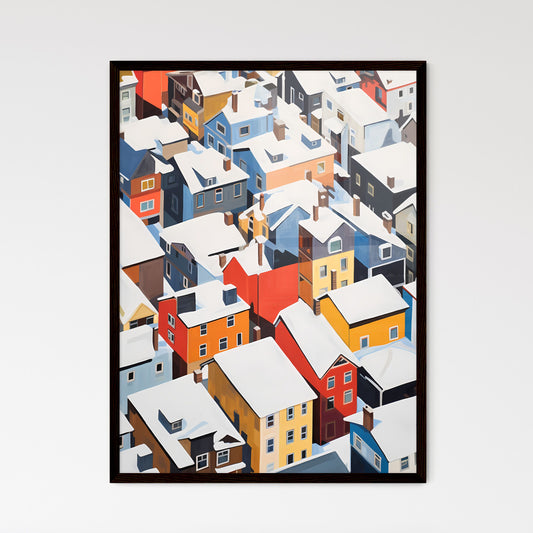A Poster of snowy urban roofs seen from above - A Group Of Colorful Buildings Covered In Snow Framed Art
