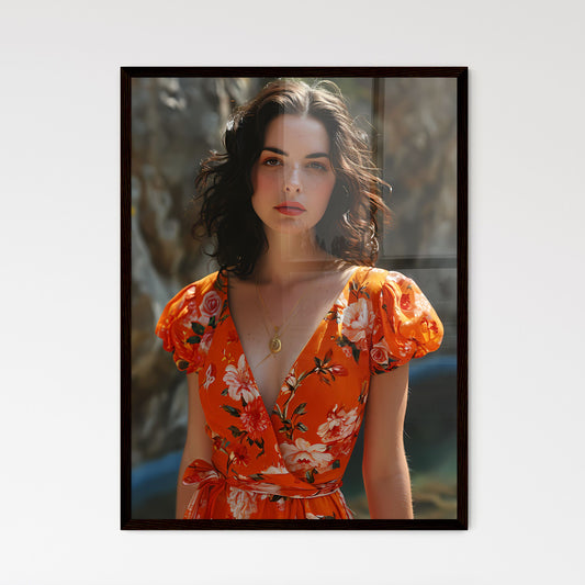 A Poster of a beautiful woman posing next to - Framed Art Print
