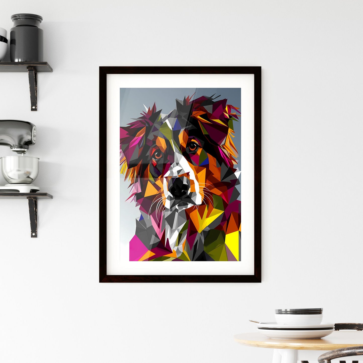 A Poster of two dogs holding each other - A Colorful Dog With White And Black Face Default Title