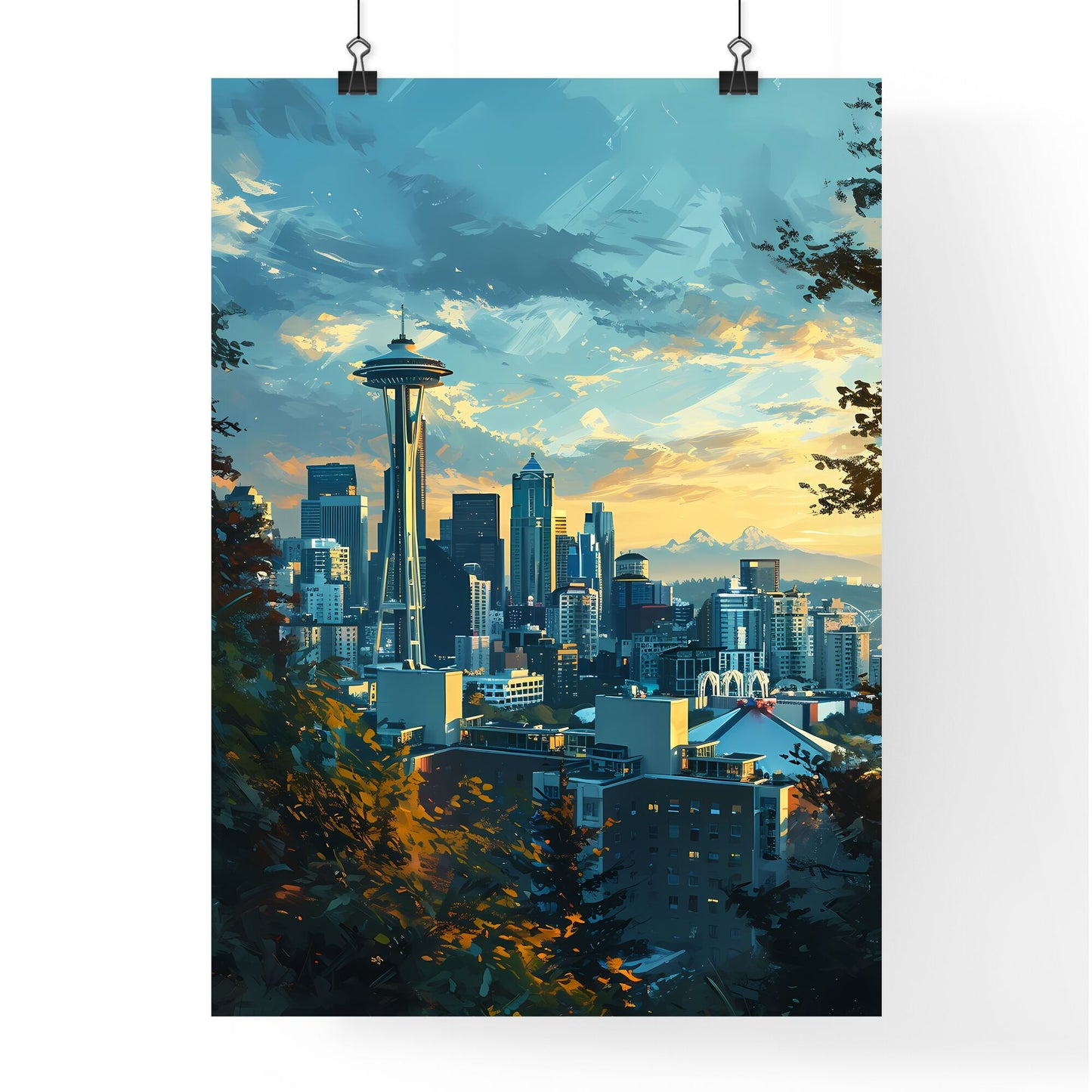 A Poster of Seattle Skyline - A Cityscape With Trees And A Sky Scraper Default Title