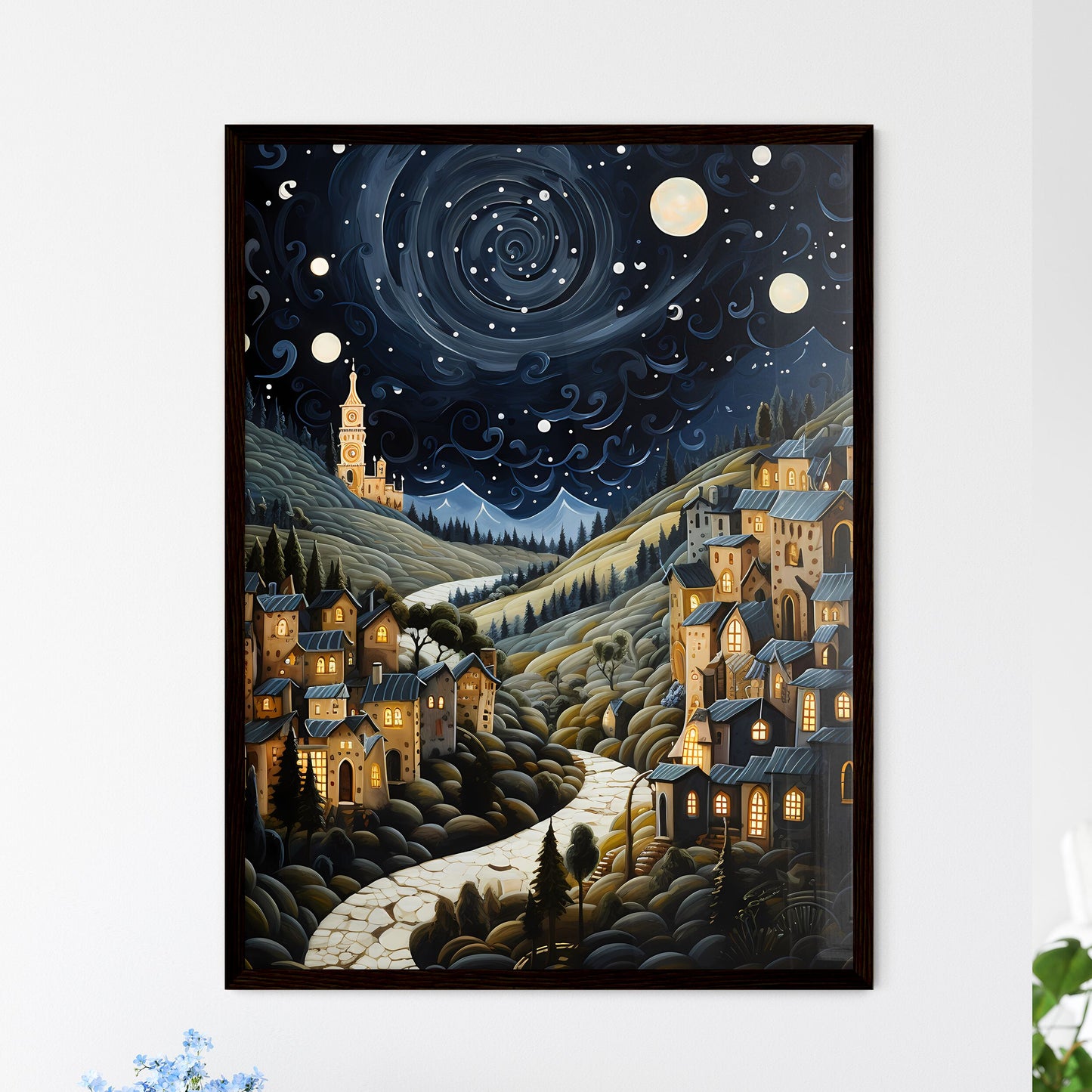 A Poster of painting of a night scene - A Painting Of A Town With A Road And Trees Framed Art