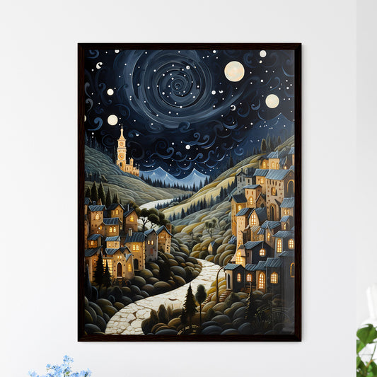 A Poster of painting of a night scene - A Painting Of A Town With A Road And Trees Framed Art