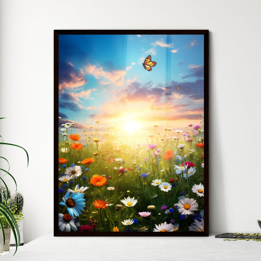 A Poster of A meadow full of flowers - A Butterfly Flying Over A Field Of Flowers Default Title