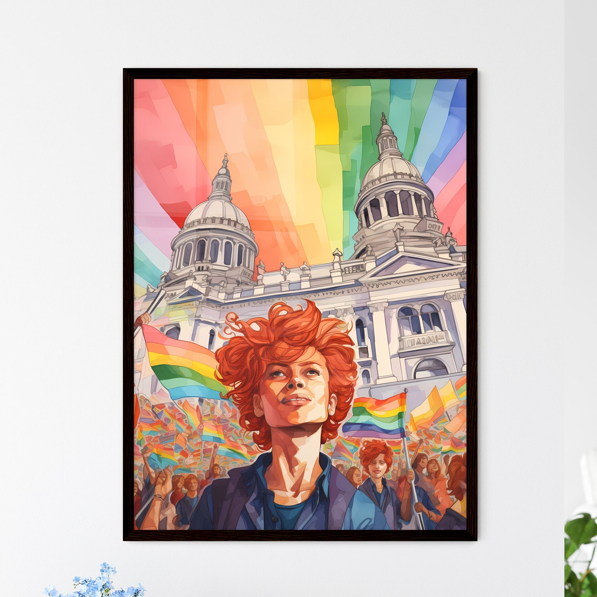 A Poster of lgbt pride illustration - A Woman With Red Hair And Rainbow Flag In Front Of A Building Framed Art