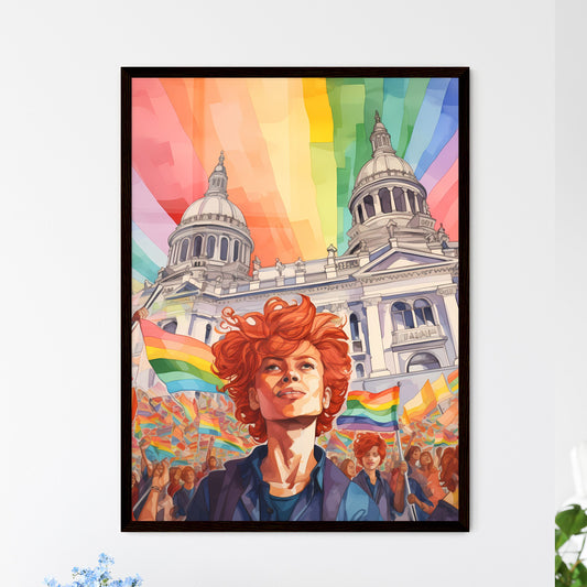 A Poster of lgbt pride illustration - A Woman With Red Hair And Rainbow Flag In Front Of A Building Framed Art
