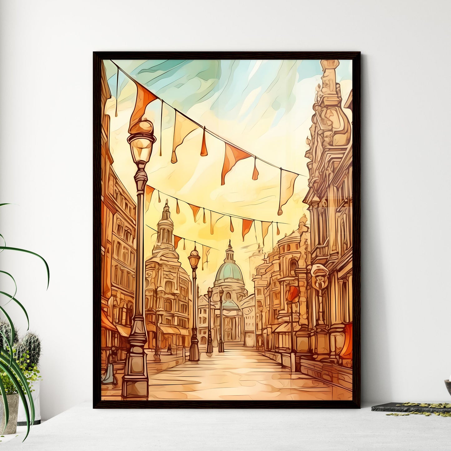 A Poster of Christmas greeting poster with christmas decorations - A Street With Flags And Buildings Framed Art