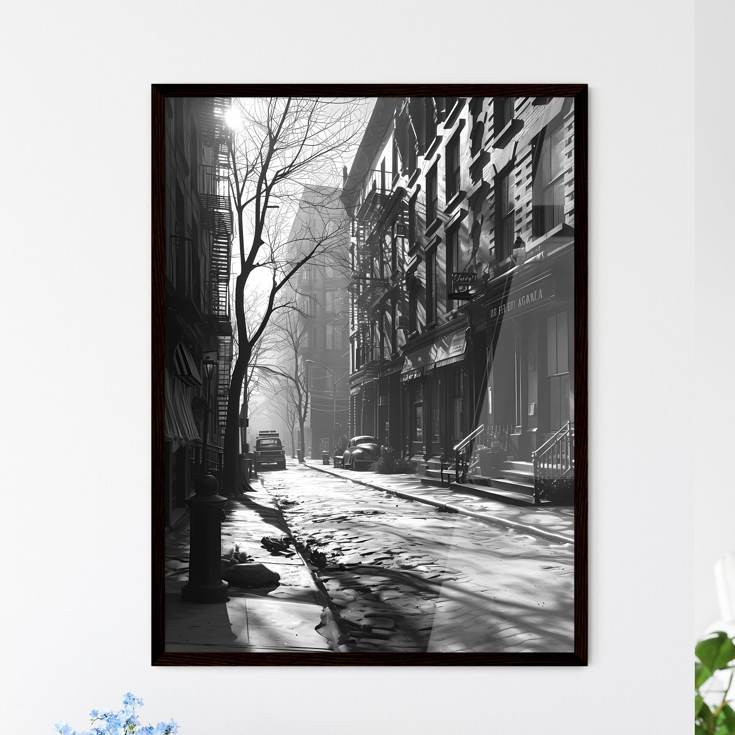 A Poster of art deco minimalism - A Street With Buildings And Cars Framed Art