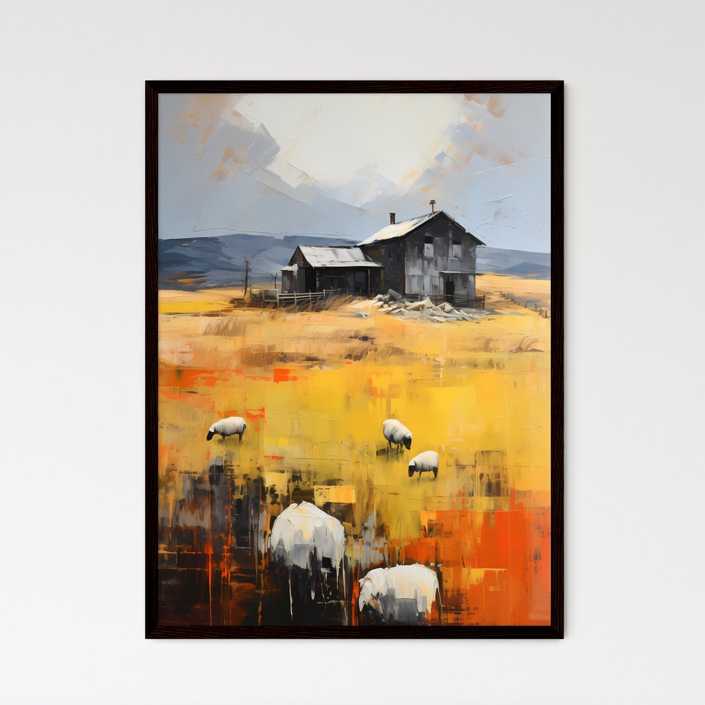 A Poster of Farm on The Plains of Obscurity - A Painting Of A House And Sheep Grazing In A Field Framed Art