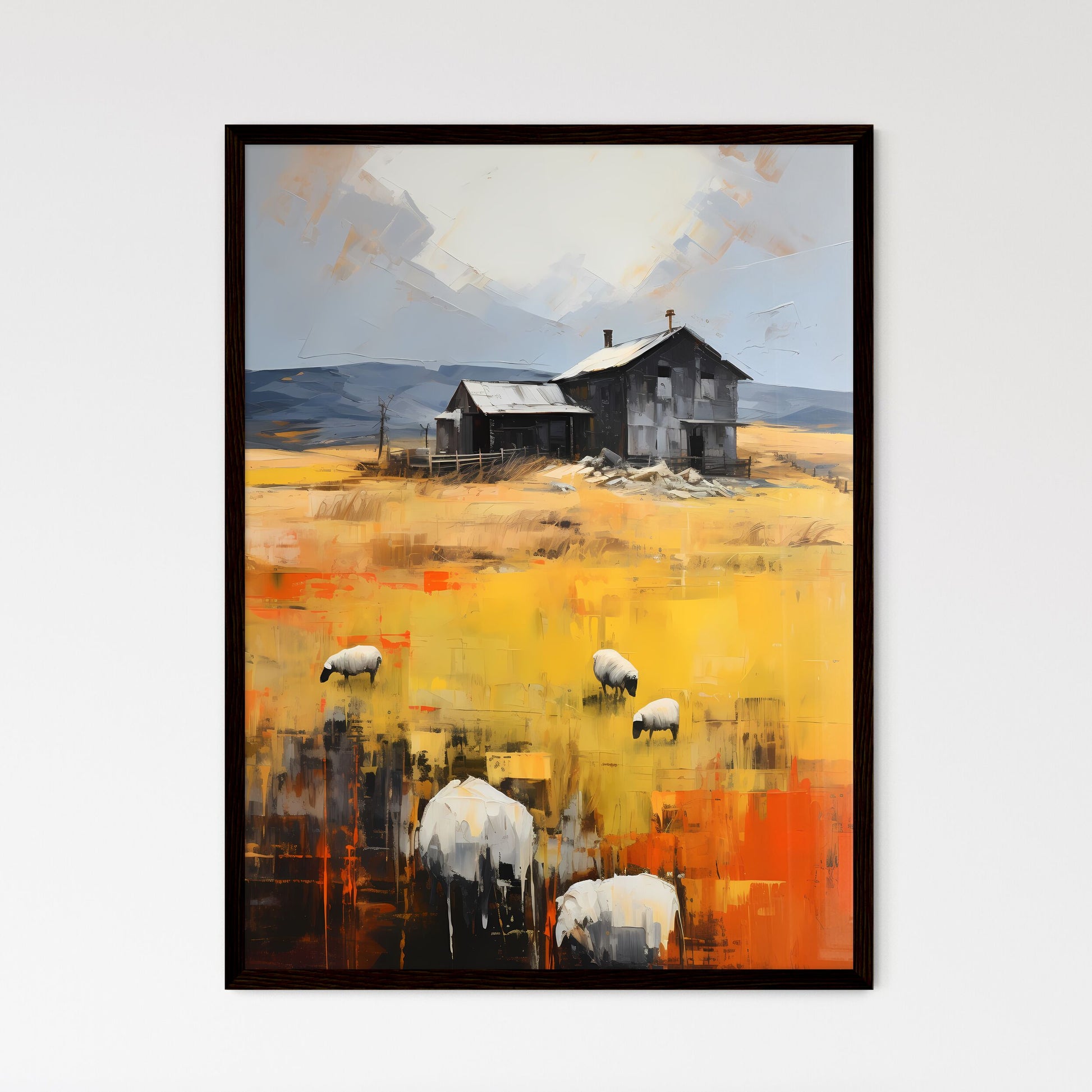 A Poster of Farm on The Plains of Obscurity - A Painting Of A House And Sheep Grazing In A Field Framed Art