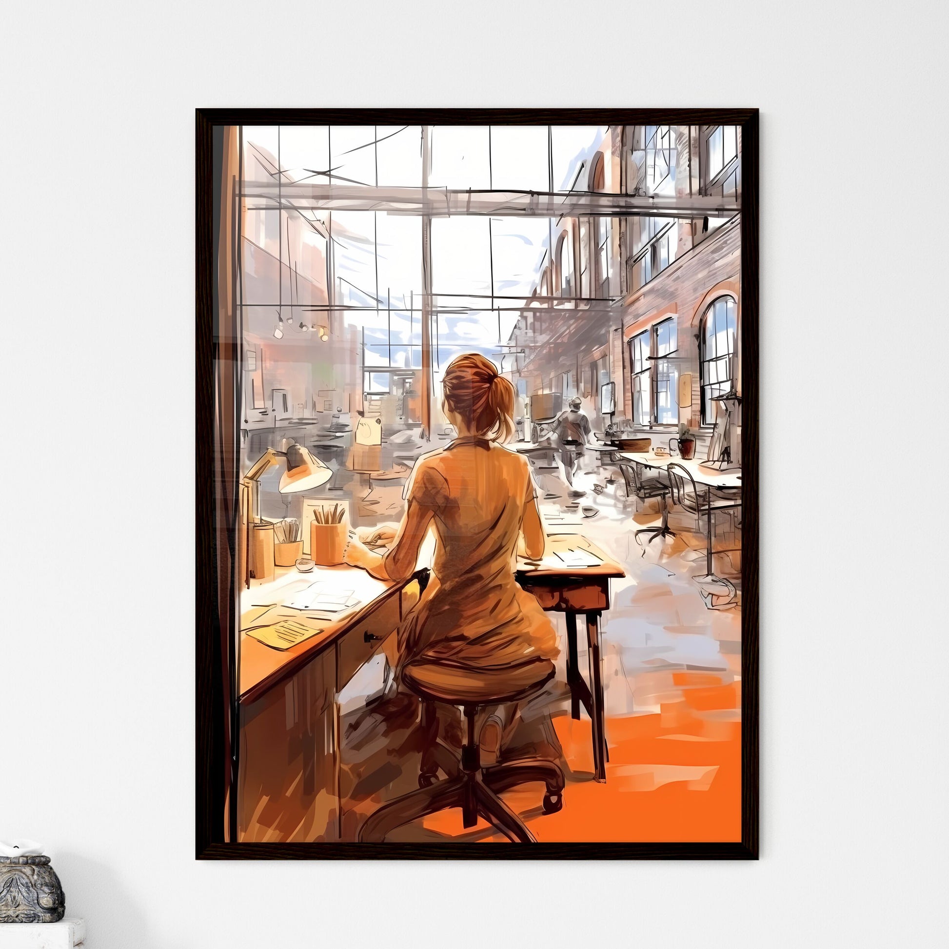 A Poster of Woman working at loft office - A - Framed Art Print