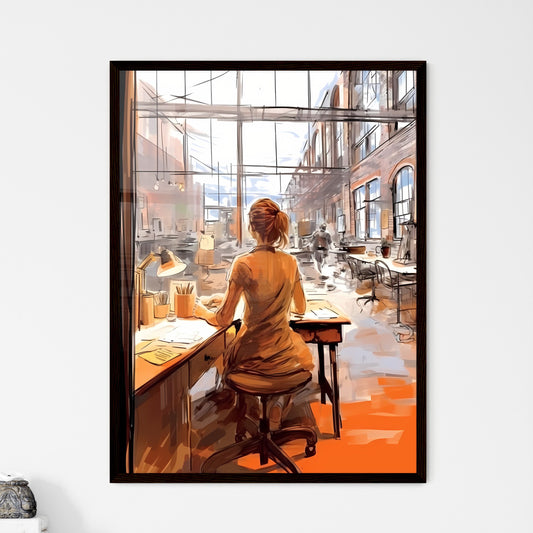 A Poster of Woman working at loft office - A - Framed Art Print