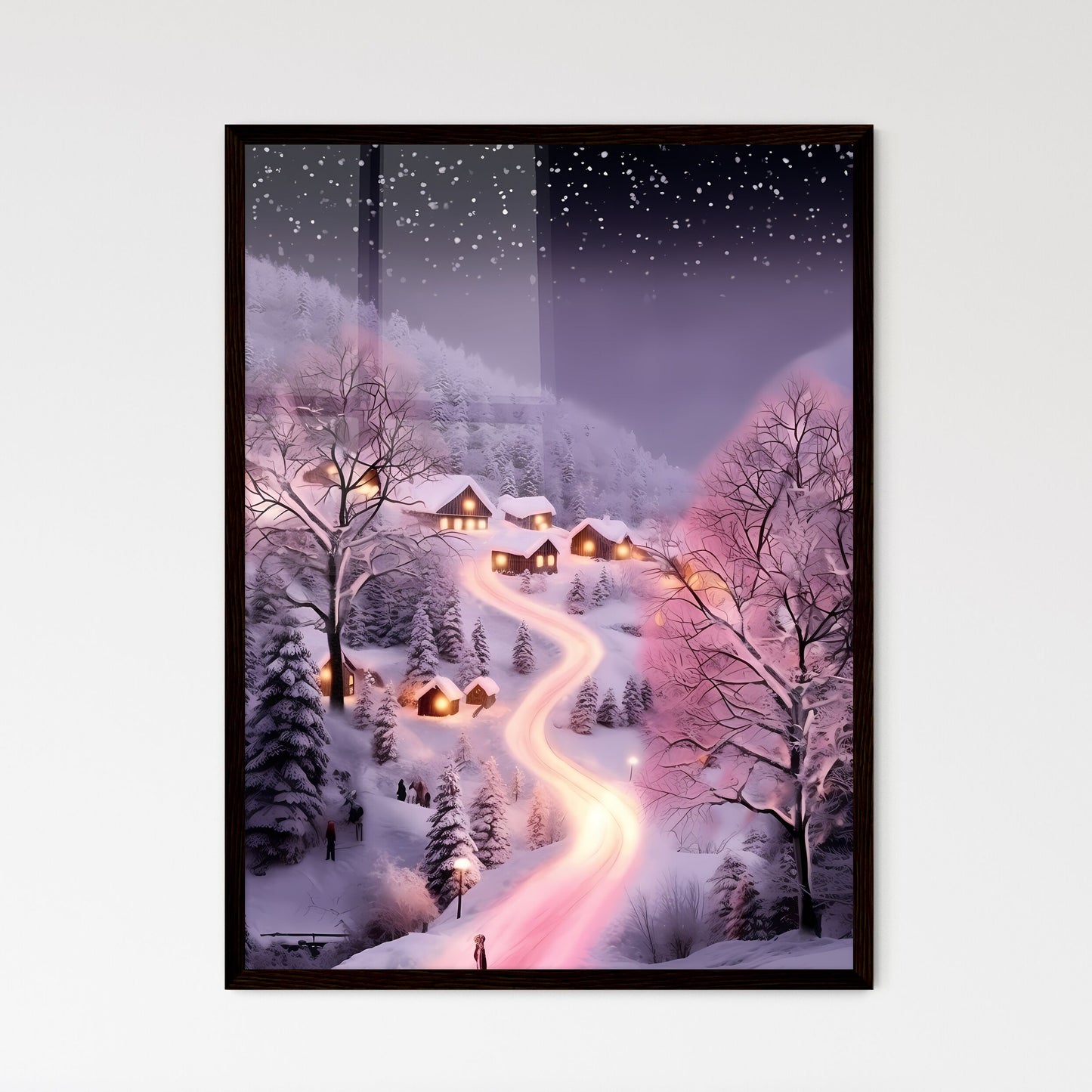 A Poster of beautiful snow scene, pink snow - A Snowy Landscape With Houses And Trees Framed Art