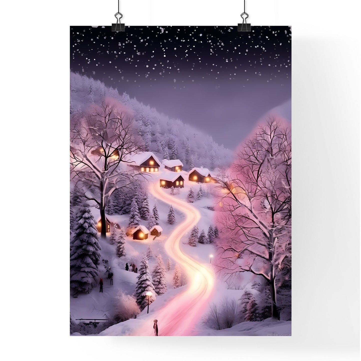A Poster of beautiful snow scene, pink snow - A Snowy Landscape With Houses And Trees Default Title