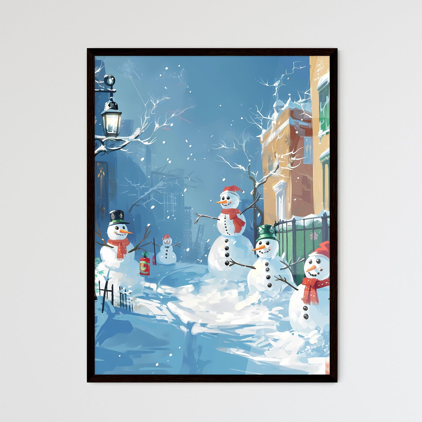 A Poster of snowmen with red scarfs - A Grou - Framed Art Print