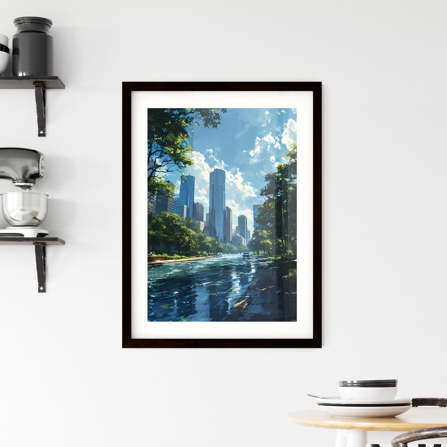 A Poster of Houston Skyline - A River With Trees And Buildings In The Background Default Title