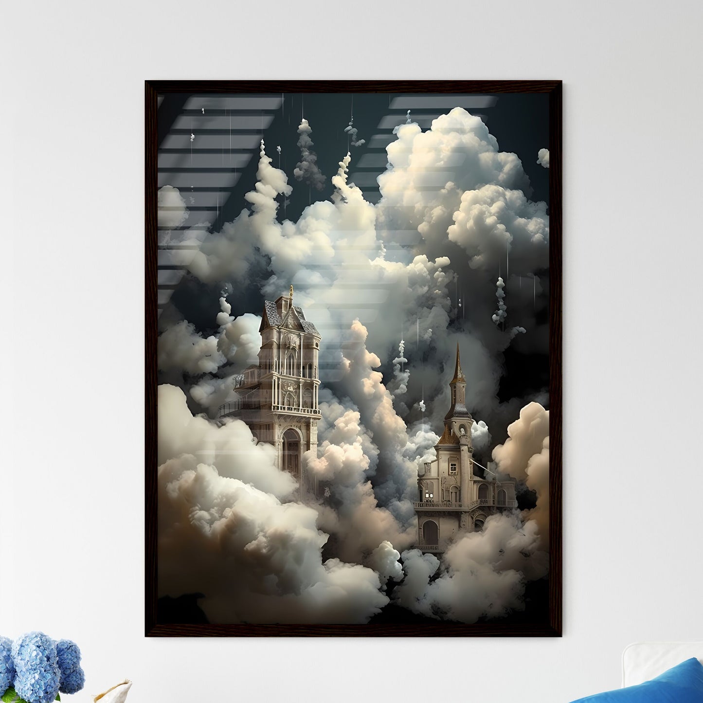 A Poster of clouds are over a dark background - A Building With Towers And Towers In The Clouds Framed Art