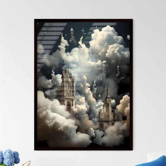 A Poster of clouds are over a dark background - A Building With Towers And Towers In The Clouds Framed Art