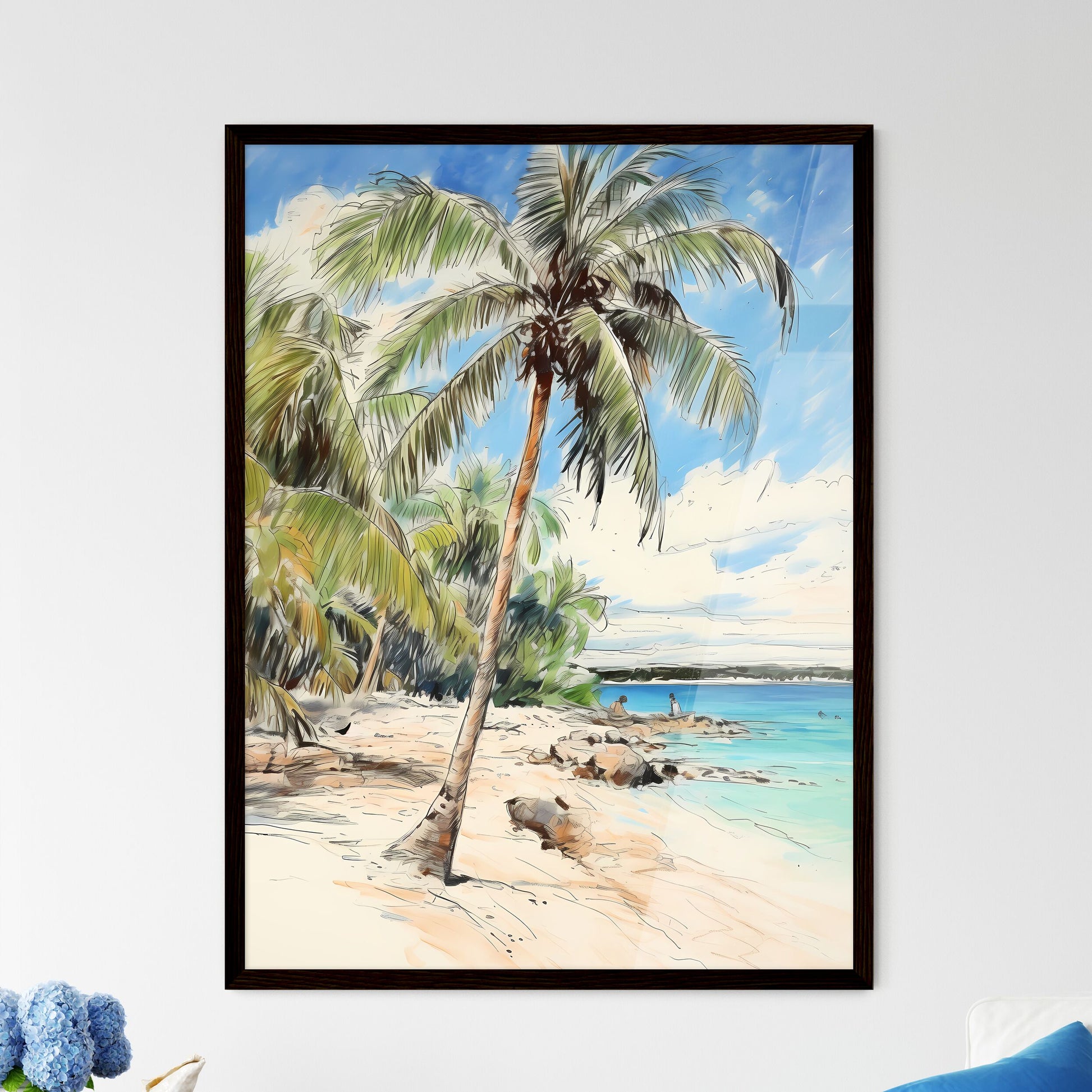A Poster of palm tree on paradise beach - A  - Framed Art Print