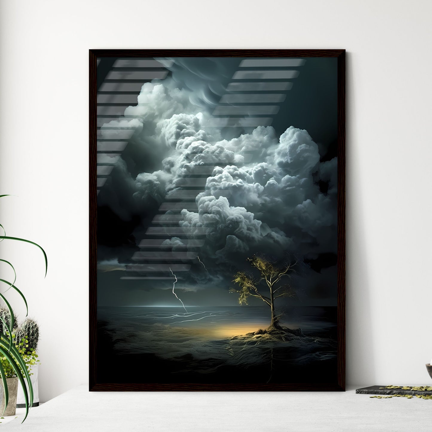 A Poster of clouds are over a dark backgroun - Framed Art Print
