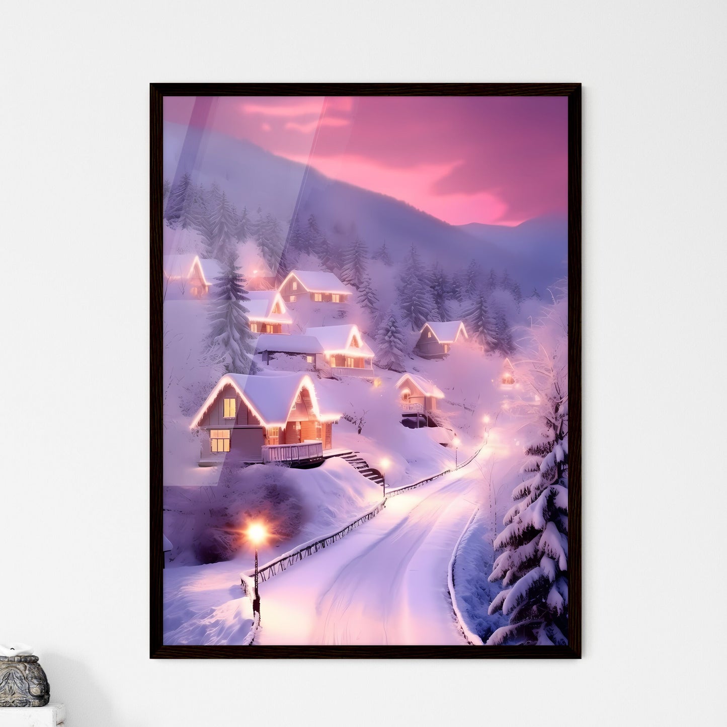 A Poster of beautiful snow scene, pink snow - A Snowy Road With Houses And Trees Framed Art